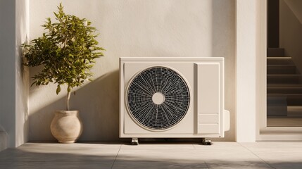 Outdoor air conditioning hvac maintenance, technician inspection of external condenser unit beside home entrance, focusing on fan, coil, and protective grille.