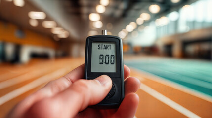 Gym Class Stopwatch Focus Hand Holding Timer Signals Start in Indoor Track and Field