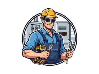 Vintage pin-up style male electrician vector illustration holding tools and cable in workshop, flat colors, clean outlines, power panels, lightning logo badge, poster ready
