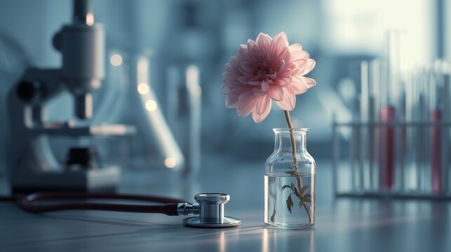 Laboratory scene with microscope, test tube, stethoscope and flower symbolizing preimplantation testing and embryo assessment in a fertility clinic context.