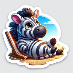 Cute baby zebra character relaxing on beach chair with sunglasses sticker design on sandy beach with blue sky background