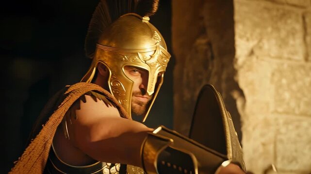 A muscular ancient Greek god or warrior wearing golden armor and helmet, holding a shield, in front of an ancient Greek temple