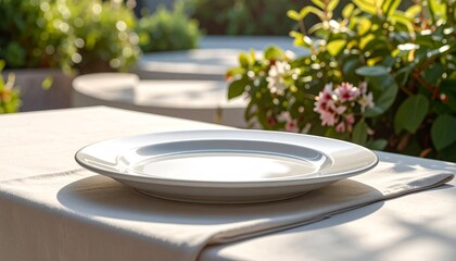 White ceramic plate on outdoor table with light tablecloth, surrounded by greenery and sunlight.