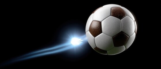 Soccer ball with glowing blue trail moving in dark space for sport design banner or poster