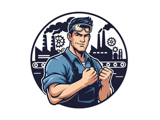 Vintage pin-up style male factory worker vector illustration operating machinery with gears, flat colors, clean outlines, industrial factory interior, gear logo badge, poster ready