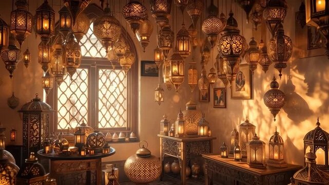 An old brass lamp shop in an old Middle Eastern city bazaar