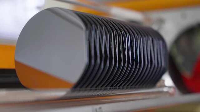 Close-up of stacked silicon wafers in a carrier moving through semiconductor manufacturing equipment, reflective surfaces gliding along a cleanroom conveyor under precise automated handling.