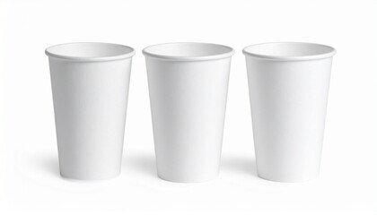 Three disposable coffee cups with black lids&mdash;one brown kraft, two white&mdash;side by side on neutral background.