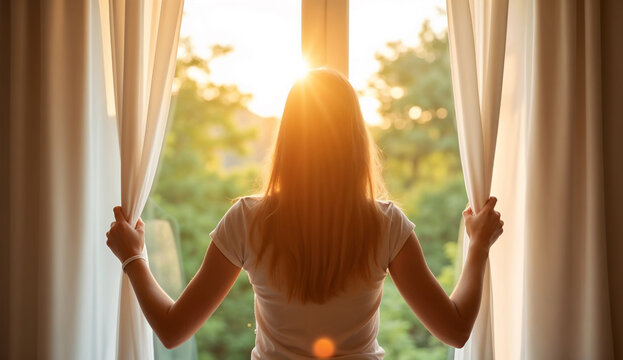 A young woman opened the curtains to let in the morning sunlight.