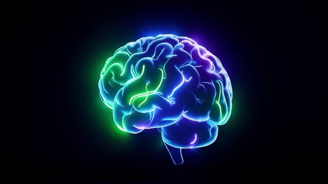 Neon Outline of Human Brain on Solid Black Background