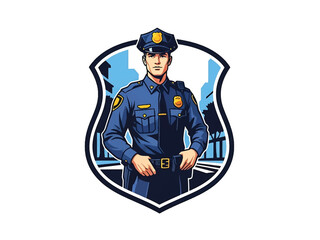 Vintage pin-up style male police officer vector illustration in classic uniform, confident stance, flat solid colors, clean outlines, city background, shield logo badge, poster ready
