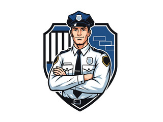 Vintage pin-up style male police officer vector illustration in classic uniform, confident stance, flat solid colors, clean outlines, city background, shield logo badge, poster ready