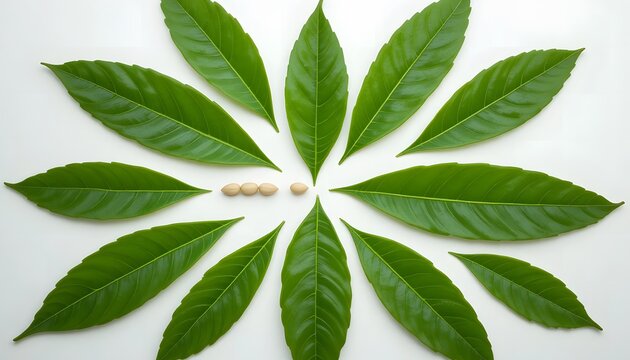 Green leaves arranged radially with natural supplement pills symbolizing herbal medicine and wellness. banaba
