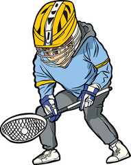 Boy Lacrosse Player Cartoon Character Wearing Helmet and Holding Stick