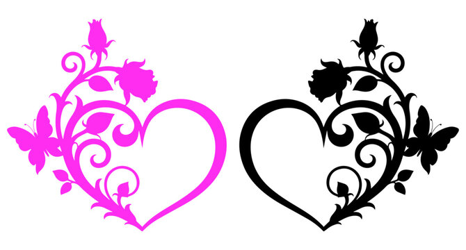 Hand-Drawn Heart Vector, Romantic Pink and Black Heart Swirl Floral Love Vector Illustration Isolated on White Background