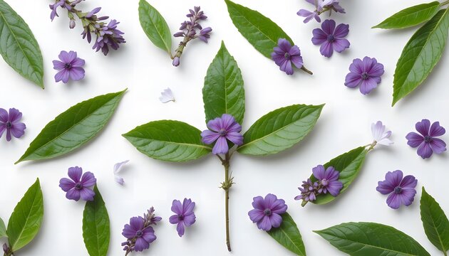 A beautiful arrangement of vibrant purple blossoms and fresh green leaves on a pristine white background. banaba