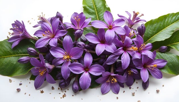 Vibrant purple blossoms with fresh green foliage beautifully arranged on a pure white background, banaba
