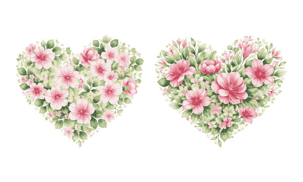 Botanical heart made of pink flowers and foliage vector illustration, easily editable.