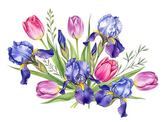 Vibrant bouquet of tulips and irises