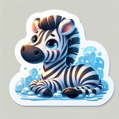 Cute cartoon baby zebra character sitting in water splash with colorful mane sticker design with white border on gray background