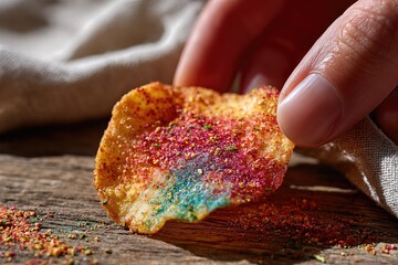 Hand Holding a Vibrantly Colored Chip with Rainbow Seasoning on Wooden