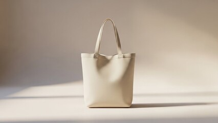 Premium cream canvas tote bag front-facing, warm beige studio background, product photography for minimalist luxury branding