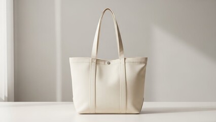 Contemporary cream tote bag front-facing, pastel greige studio background, commercial product photography for clean 2026 branding