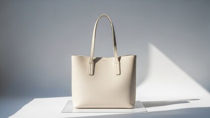 Refined cream tote bag symmetrical front view, pale grey studio background, minimalist product photography for modern branding