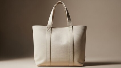 High-quality cream canvas tote bag front-facing, warm taupe studio background, lifestyle product photography for elegant branding