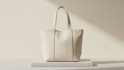 Minimalist cream tote bag symmetrical front view, soft ivory background, product photography for contemporary microstock branding