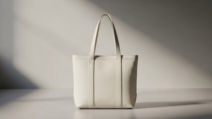 Modern cream tote bag front-facing, muted greige studio background, product photography for professional branding use