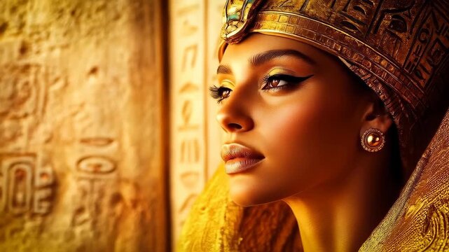 A regal Egyptian high priestess standing against a weathered ancient stone temple wall