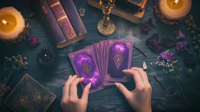 Tarot reading table with mystic and esoteric elements and feminine hands laying tarot cards