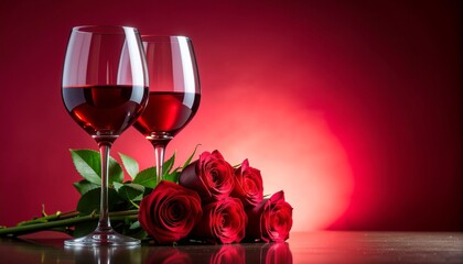Elegant romantic Valentine’s Day background featuring two wine glasses and red roses