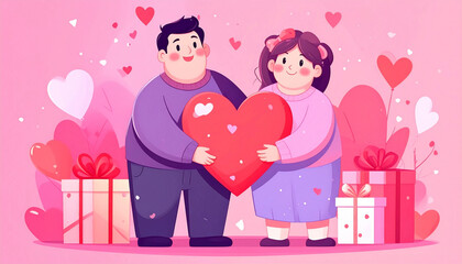 Cute cartoon couple celebrate valentine's day with heart and gifts colorful love scene romantic atmosphere