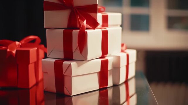 Stack of white gift boxes with red ribbons, perfect for celebrations and special occasions.