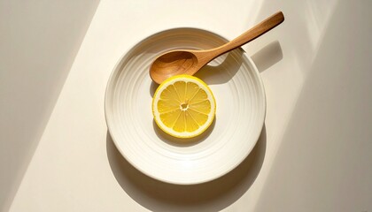 Halved lemon with visible seed on white surface, whole lemon and mint on plate, wooden spoon foreground.