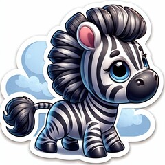 Cute baby zebra character with stylized dark mane standing on cloud background sticker design with white border