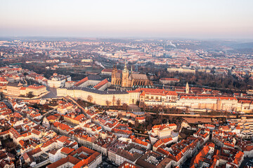 Obraz premium Aerial Sunrise view of Prague Castle and St. Vitus Cathedral. Czech Republic