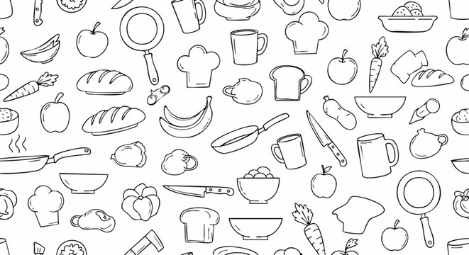 Hand drawn kitchen utensils and food seamless pattern doodle style.