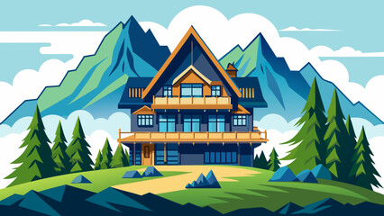 Mountain lodge nestled in forest Vector