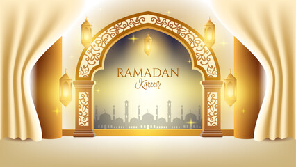 Ramadan Kareem background with golden ornament and white wall