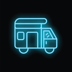 Bright blue neon camper van glowing on dark background, perfect for travel and tourism themes © ylivdesign