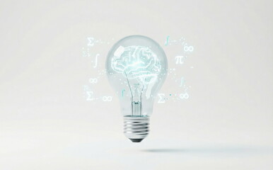 A glowing digital brain within a light bulb, surrounded by math symbols, representing innovation, AI, science, and smart ideas.