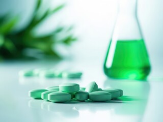 Green pills and laboratory equipment on white surface