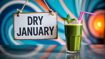 Dry january healthy drink with abstinence awareness sign
