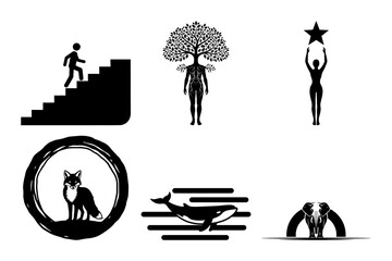Symbolic black and white vector silhouettes with stairs climber, tree human, star figure, fox circle, turtle lines and elephant