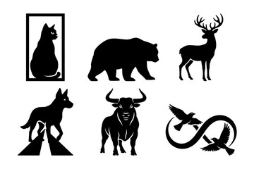 Geometric black and white vector silhouette emblem set with bear, deer, wolf, bull, framed cat and infinity birds