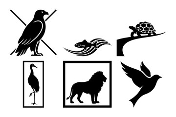 Minimal black and white vector silhouette icons with songbird, wave, turtle, framed heron, framed lion and flying bird