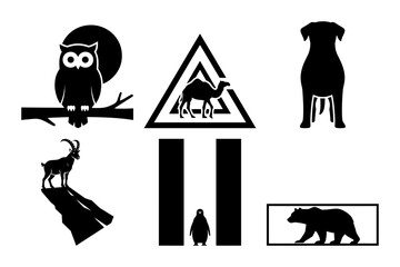 Minimal wildlife vector silhouettes with owl on branch, deer triangle mountain, bear frame, dog, cliff deer and lone figure between pillars